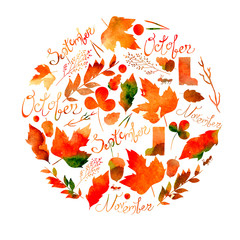 illustration depicting a set of leaves, twigs, berries, flowers, autumn elements and inscriptions September, October, November. watercolor texture yellow, red , orange, brown colors