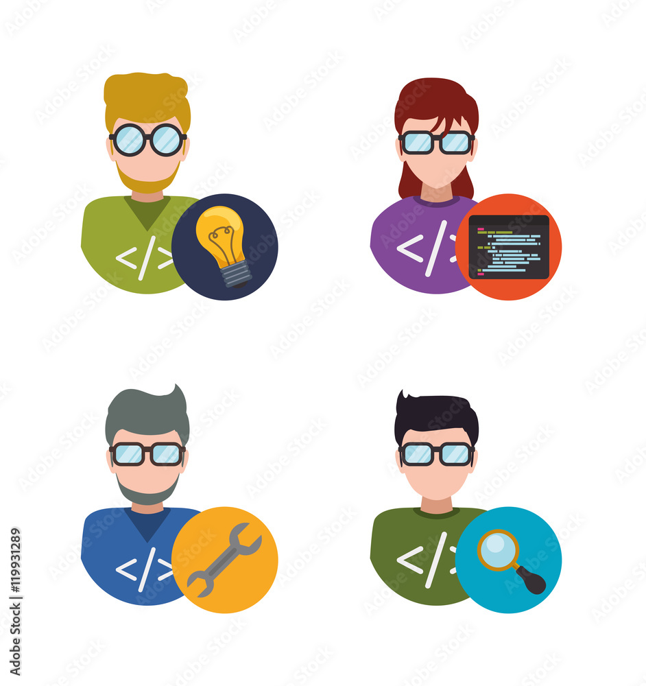 Poster man woman girl boy glasses tools wrench lupe bulb developer web responsive development website progr
