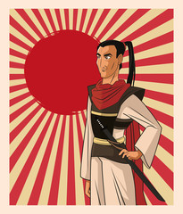 Samurai man cartoon with uniform icon. comic and japan culture. Colorful design. Striped background. Vector illustration © Jemastock