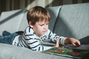 boy reading a book lying on the couch