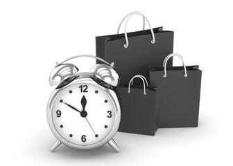 alarm clock and shopping bag (time to buy concept). 3d rendering.