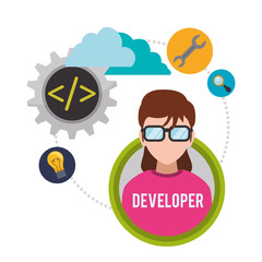 woman girl glasses gear tool bulb lupe cloud developer web responsive development website programming icon set. Colorful design. Vector illustration