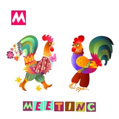 Year of the rooster. Cute cartoon english alphabet with colorful image and word. Kids vector ABC. Letter M. Meeting.