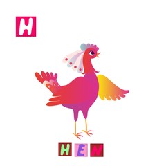 Year of the rooster. Cute cartoon english alphabet with colorful image and word. Kids vector ABC. Letter H. Hen.