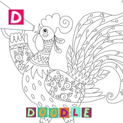 Year of the rooster. Cute cartoon english alphabet with colorful image and word. Kids vector ABC. Letter D. Doodle.