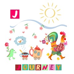 Obraz premium Year of the rooster. Cute cartoon english alphabet with colorful image and word. Kids vector ABC. Letter J. Journey.