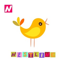 Year of the rooster. Cute cartoon english alphabet with colorful image and word. Kids vector ABC. Letter N. Nestling.