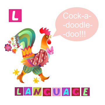 Year of the rooster. Cute cartoon english alphabet with colorful image and word. Kids vector ABC. Letter L. Language.