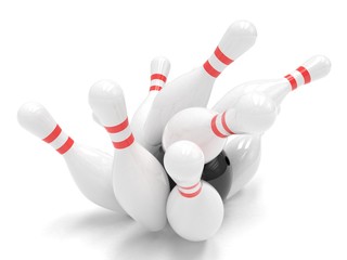 Bowling ball and skittles isolated. 3d rendering.
