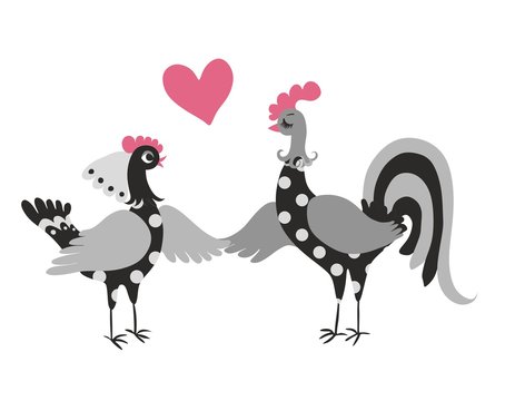 Wedding invitation with cute cartoon cock and hen. Year of the rooster. 2017. Chinese zodiac. Greeting card. Vector image.