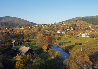 Fototapeta premium Panorama of the settlement of Vorokhta in the central part of the Ukrainian Carpathians