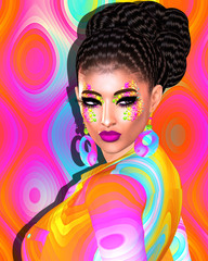 Brunette girl with long, shiny wavy hair and colorful fashion makeup. Beautiful 3d illustration model close up face, perfect for themes of health, beauty, diversity, fashion, skincare, fun, college