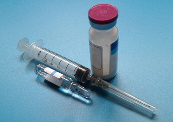 Vial, an ampoule and syringe for injection.
