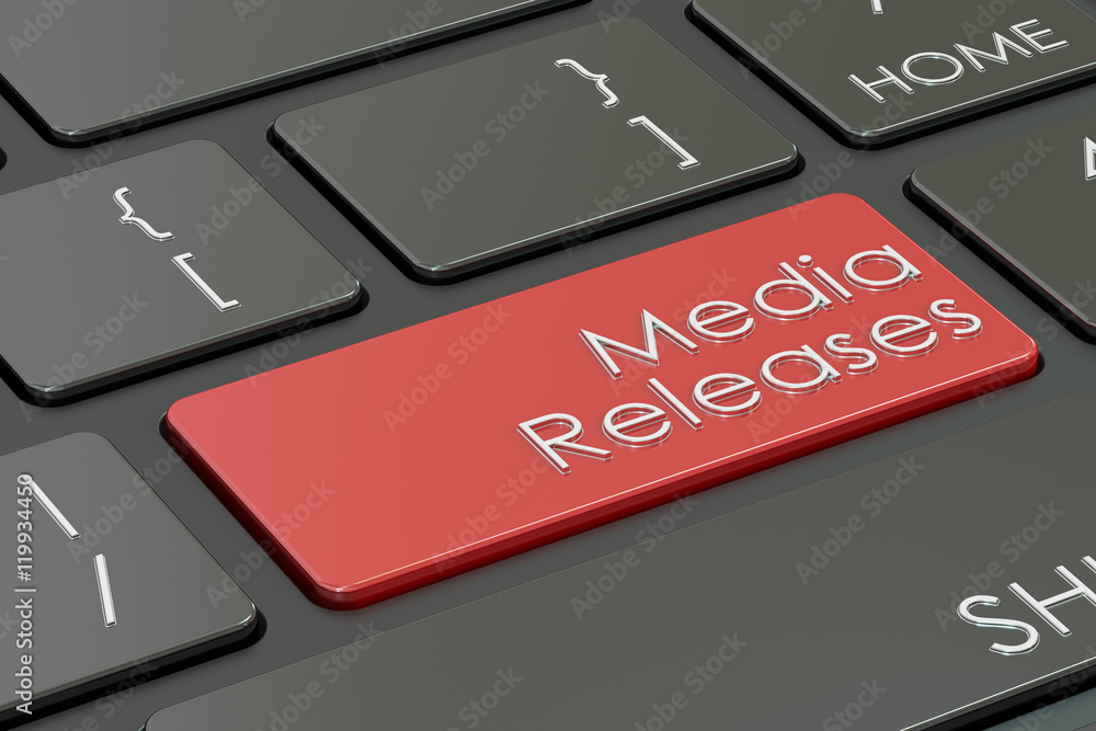 Poster media releases button, red key on keyboard. 3d rendering