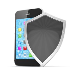 Smartphone and shield on white, security concept. 3d rendering.