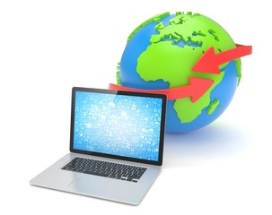 Laptop network and earth globe. 3d rendering.
