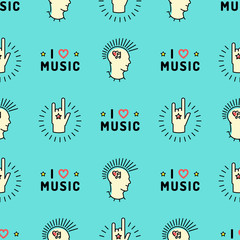 Music seamless pattern thin line art minimal design, Text I love music, punk with a mohawk, Hand Rock N Roll Sign, Hipster style vector illustration. Stylish turquoise background
