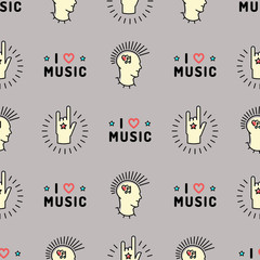 Music seamless pattern thin line art minimal design, Text I love music, punk with a mohawk, Hand Rock N Roll Sign, Hipster style vector illustration. Trendy gray grunge style
