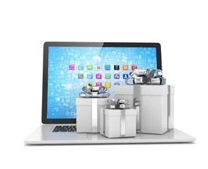 Gift box with ribbon bow on laptop keyboard. 3d rendering.