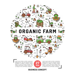 Vector agriculture and organic farm fresh design card template, flyer or web banner. Vector agriculture and gardening circle colorful infographics concept, Farming line art icons