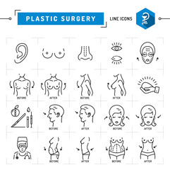 Plastic surgery concept Black thin line icons. Medical symbols and plastic surgery before and after: breast augmentation, liposuction, face and body cosmetology. Vector illustration