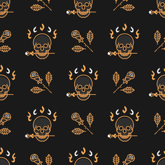 Obraz na płótnie Canvas Seamless pattern Art Deco. Elegant gold skull and roses on a dark background in the style of a thin line art. Vector illustration
