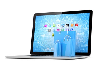 laptop and  shopping pags on white background. 3d rendering.