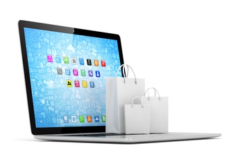 laptop and  shopping pags on white background. 3d rendering.