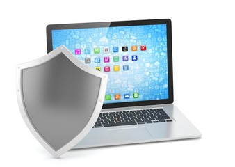 Laptop and shield on white, computer security concept. 3d rendering.