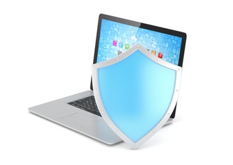 Laptop and shield on white, computer security concept. 3d rendering.