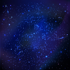 vector illustration. Abstract cosmos space background, galaxy with stars, meteorite, flare, nebula