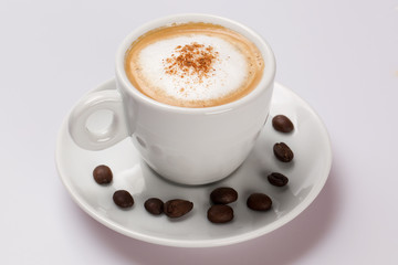 Cup of coffee on a white background.