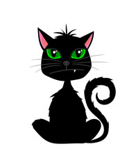 Halloween black cat with fang. Halloween black kitten on white background vector illustration