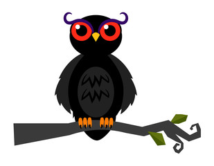 Halloween spooky vector owl on dark forest branch isolated on white background