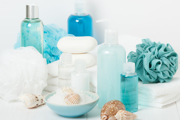 Obraz na płótnie Canvas Spa Kit. Shampoo, Soap Bar And Liquid. Shower Gel. Aromatherapy