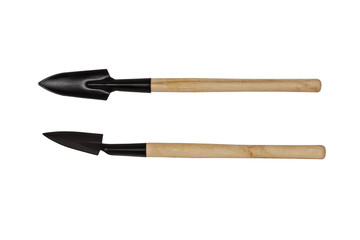 Garden spade with a wooden handle isolated over a white background
