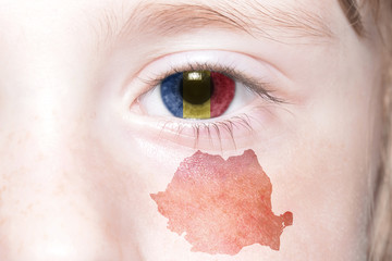 human's face with national flag and map of romania.