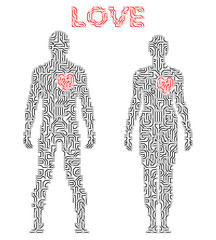Silhouette of couple in circuit scheme. Love theme. Android, mechanical man, cyborg. Electronic computer man and woman. Love heart. Vector illustration.