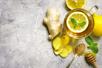 Warming ginger tea with lemon and mint.Top view.