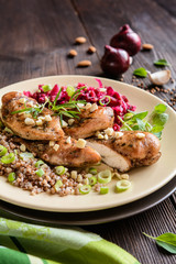Baked chicken breast with boiled buckwheat and steamed beetroot and onion