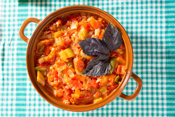 Prepared stew on a dishcloth