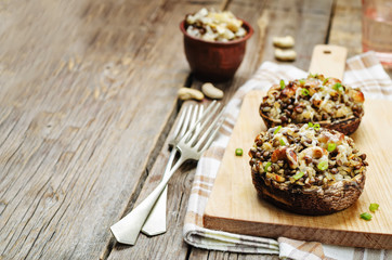 green lentils, brown rice, cashew stuffed portobello