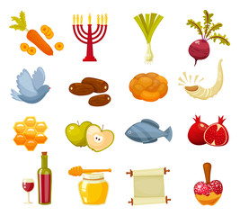 Cartoon flat vector illustration of icons for Jewish new year holiday Rosh Hashanah.