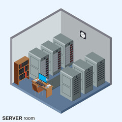 Server room, data center interior flat isometric vector illustration