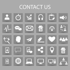 Vector flat icons set and graphic design elements. Illustration with contact us outline symbols.