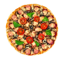 Pepperoni Pizza with Sausage, Cheese, Mozzarella, Olives and Bas