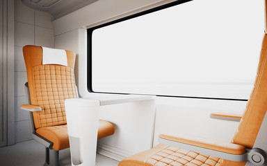Comfortable Modern Orange Color Leather Armchair Inside First Class Cabin Fast Speed Train.Empty White Window Generic Design Interior Background.Blank Canvas Business Information.Mockup.3d rendering.