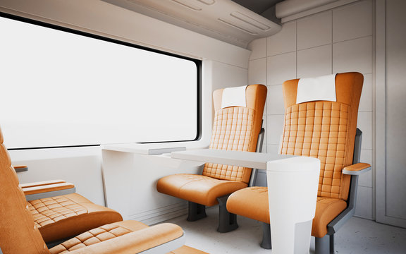 Empty Comfortable Modern Orange Color Leather Armchair Inside Business Class Cabin Fast Speed Train.White Window Generic Design Interior Background.Blank Canvas Travel Message.Mockup.3d rendering.