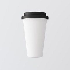 White Plastic Paper Coffee Cup Gray Background.One Take Away Cardboard Mug Closed Black Color Cap Isolated.Retail Mockup Presentation.Ready Business Message. 3d rendering.
