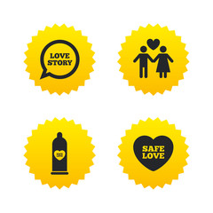 Condom safe sex icons. Lovers couple sign.